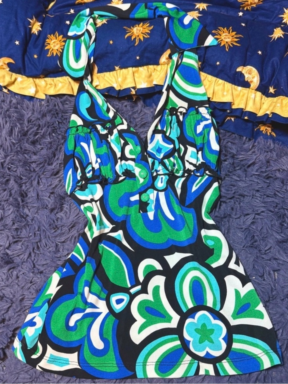 Y2k XOXO Abstract Halter Top Green Blue V Neck